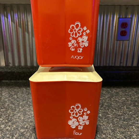 Vintage Orange and Cream Canister Set with Vintage Floral Design - Picture 2 of 10